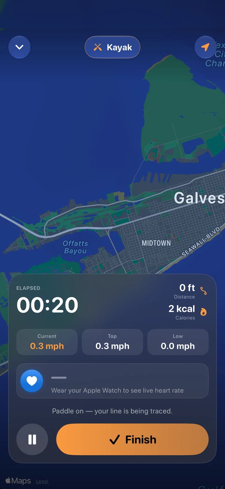 Live kayak tracking on Galveston Bay with elapsed time, distance, and speed