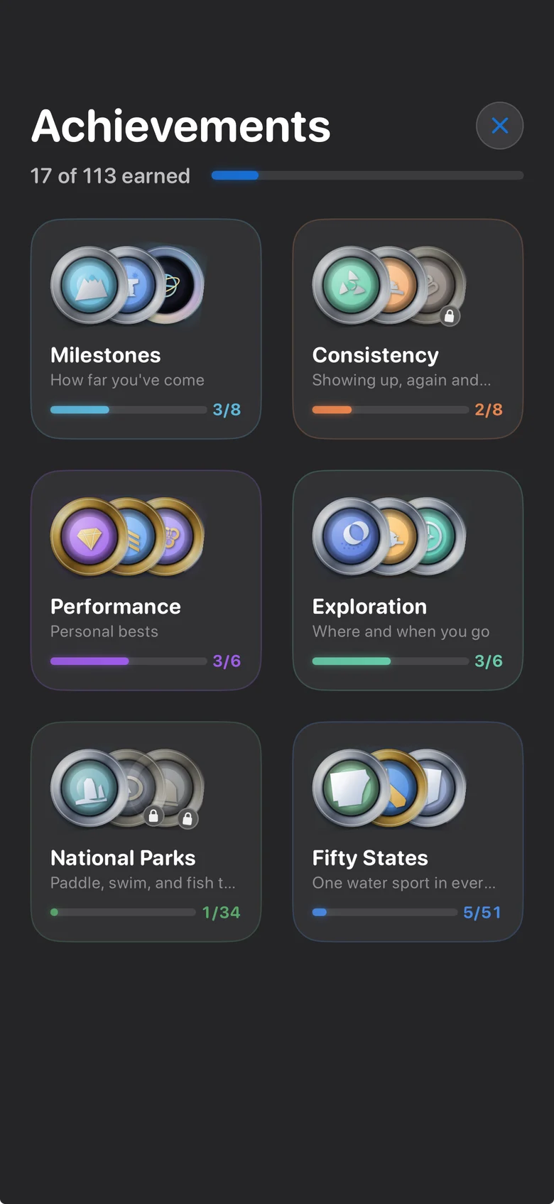 Achievements screen with milestones, consistency, performance, exploration, national parks, and fifty states