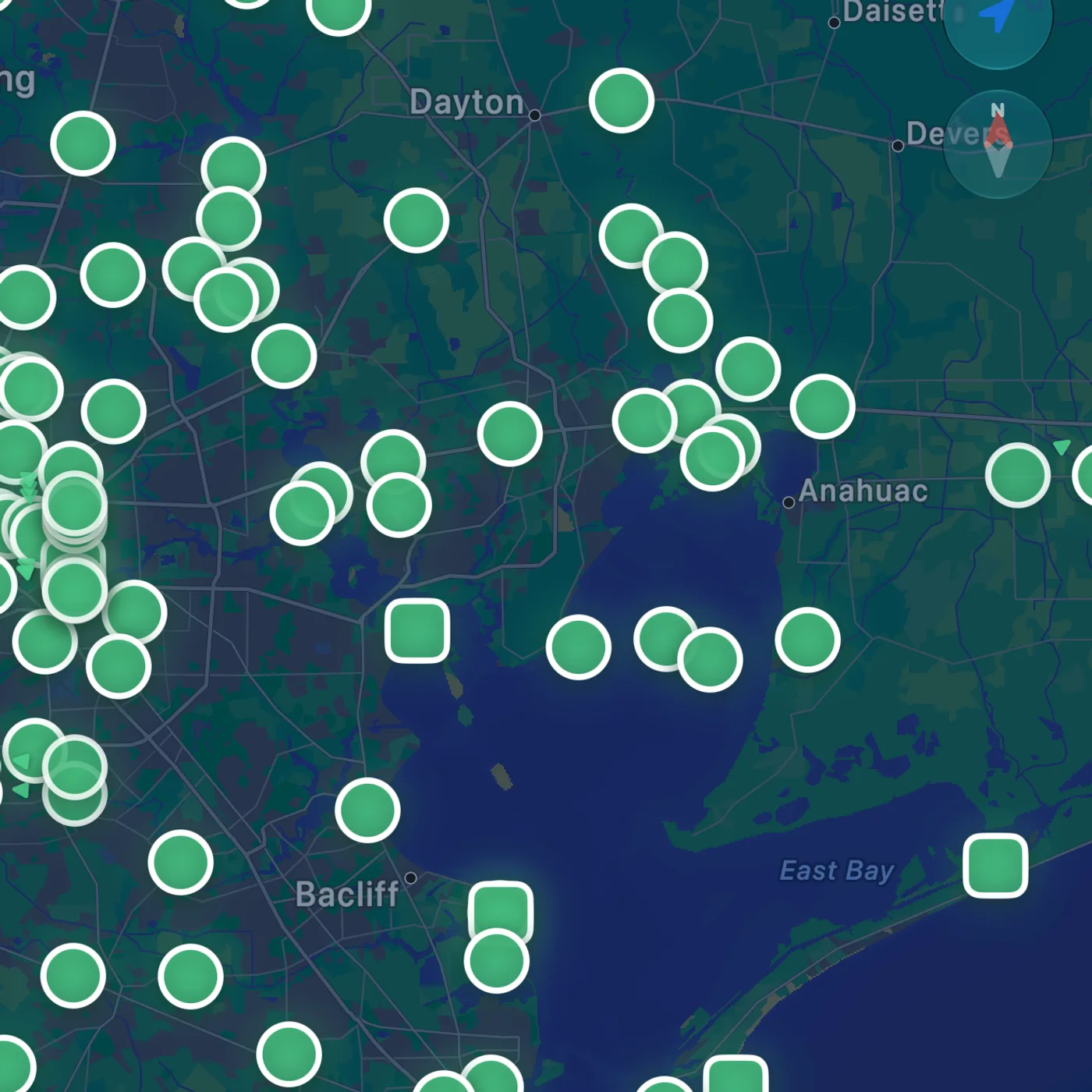 Watercast map of Galveston Bay with live USGS gauge stations